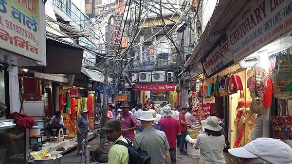 Market street with merchandise and people